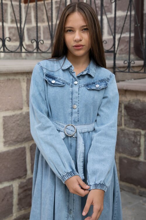 Mavi Kız Çocuk Kuşaklı Düğme Kapmalı Jean Elbise 20495