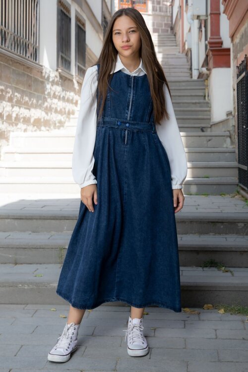 Mavi Önü Fermuarlı Klasik Gömlekli Kız Çocuk Kuşaklı Jean Elbise 22737