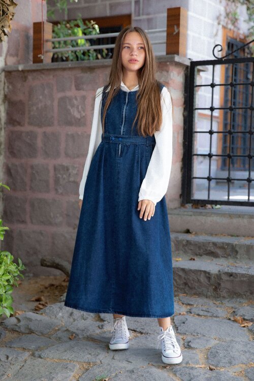 Mavi Önü Fermuarlı Klasik Gömlekli Kız Çocuk Kuşaklı Jean Elbise 22737