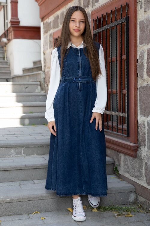Mavi Önü Fermuarlı Klasik Gömlekli Kız Çocuk Kuşaklı Jean Elbise 22737