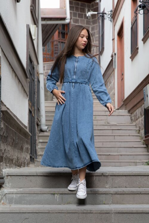 Mavi Uzun Kollu Önü Fermuarlı Kız Çocuk Kuşaklı Jean Elbise  22741