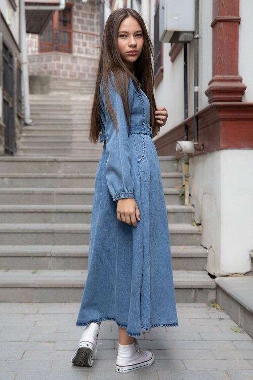 Mavi Uzun Kollu Önü Fermuarlı Kız Çocuk Kuşaklı Jean Elbise  22741