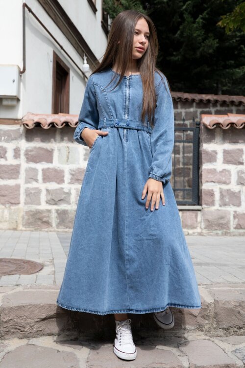 Mavi Uzun Kollu Önü Fermuarlı Kız Çocuk Kuşaklı Jean Elbise  22741