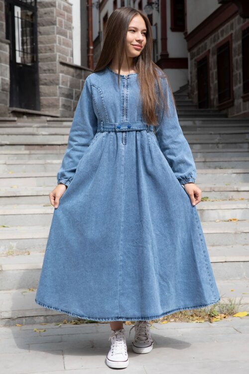 Mavi Uzun Kollu Önü Fermuarlı Kız Çocuk Kuşaklı Jean Elbise  22741