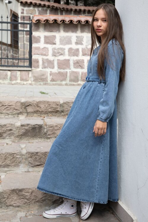 Mavi Uzun Kollu Önü Fermuarlı Kız Çocuk Kuşaklı Jean Elbise  22741