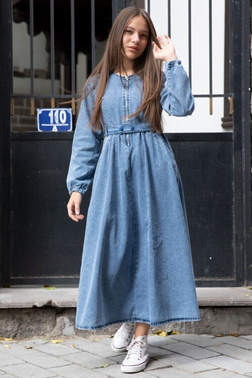 Mavi Uzun Kollu Önü Fermuarlı Kız Çocuk Kuşaklı Jean Elbise  22741