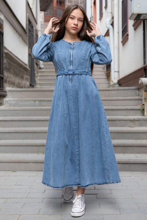 Mavi Uzun Kollu Önü Fermuarlı Kız Çocuk Kuşaklı Jean Elbise  22741