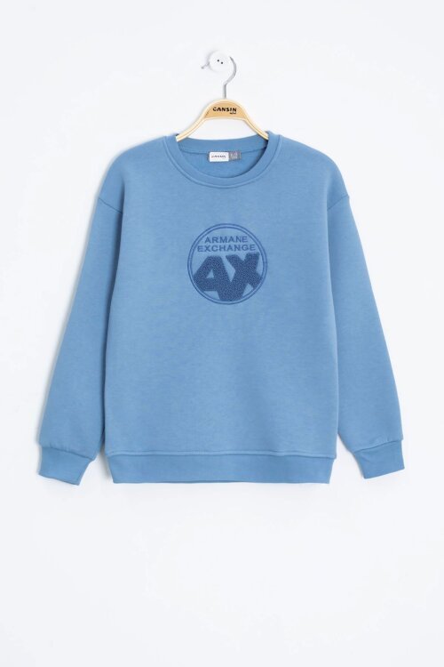 Mavi Yazı Nakışlı Bisiklet Yaka Erkek Çocuk Şardonlu Sweatshirt 23246