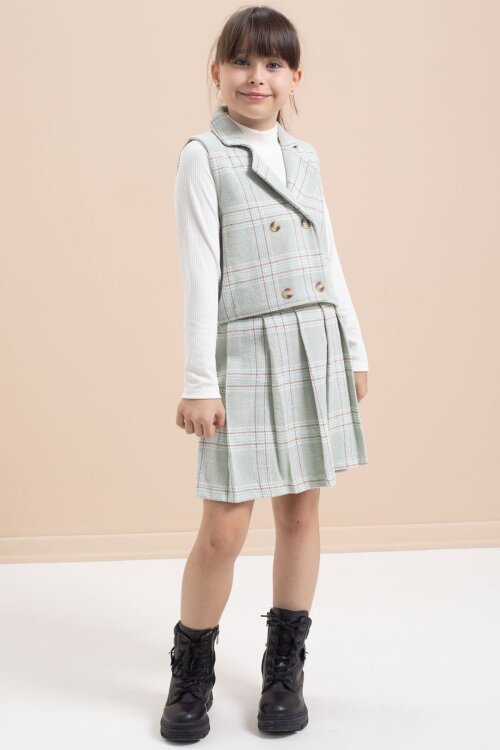 Mint Ekose Desenli Düğme Detaylı Ceketli Kız Çocuk 2li Takım 21542