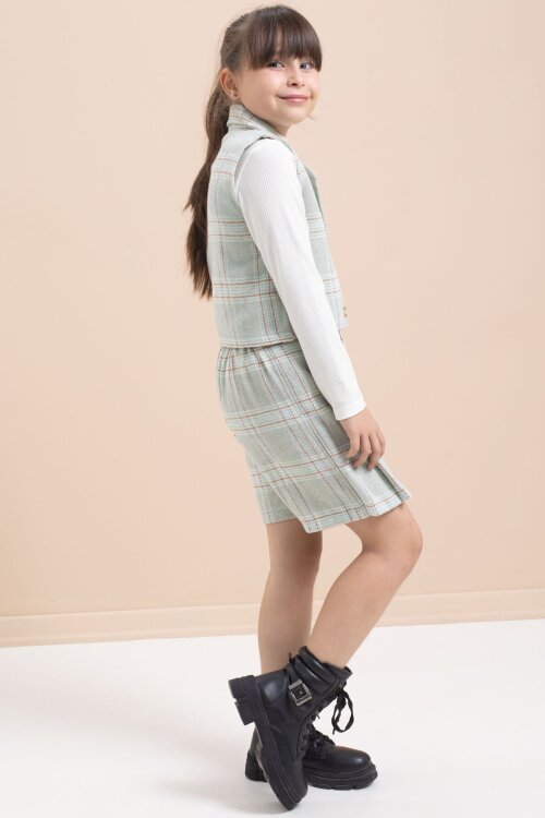 Mint Ekose Desenli Düğme Detaylı Ceketli Kız Çocuk 2li Takım 21542