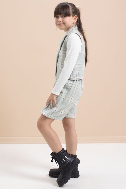 Mint Ekose Desenli Düğme Detaylı Ceketli Kız Çocuk 2li Takım 21542