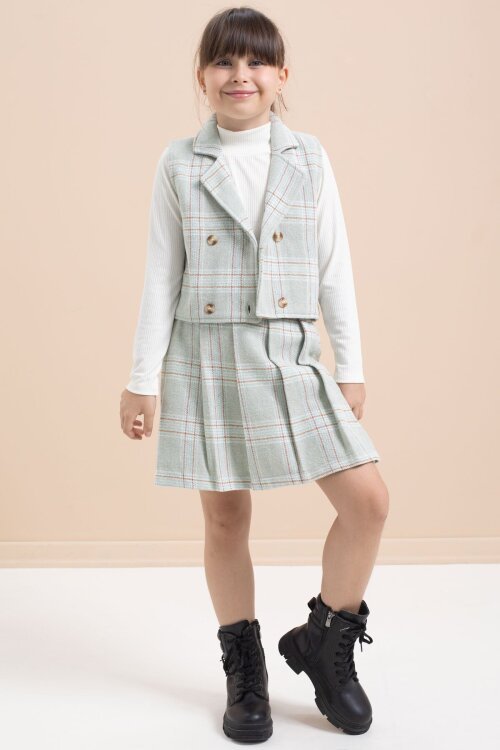 Mint Ekose Desenli Düğme Detaylı Ceketli Kız Çocuk 2li Takım 21542