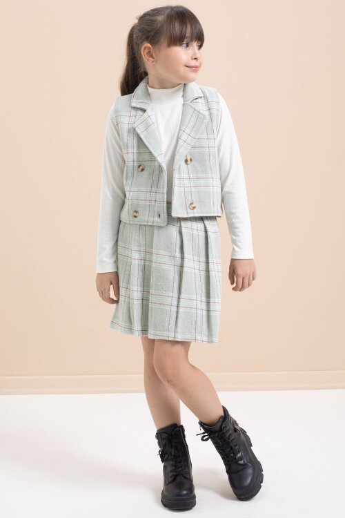 Mint Ekose Desenli Düğme Detaylı Ceketli Kız Çocuk 2li Takım 21542