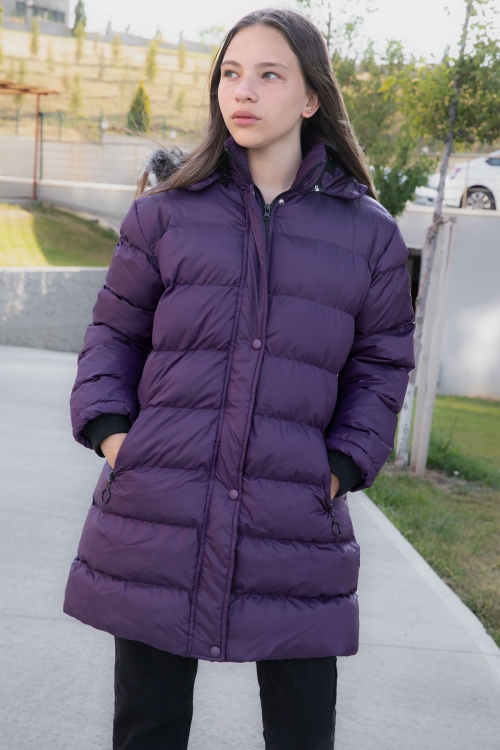 Mor İçi Kürklü Çıtçıtlı Kapüşonlu Kız Çocuk Şişme Mont 21325