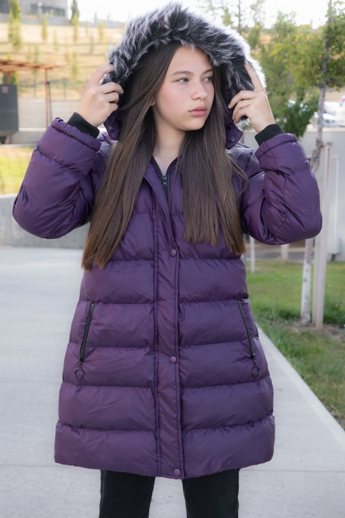 Mor İçi Kürklü Çıtçıtlı Kapüşonlu Kız Çocuk Şişme Mont 21325