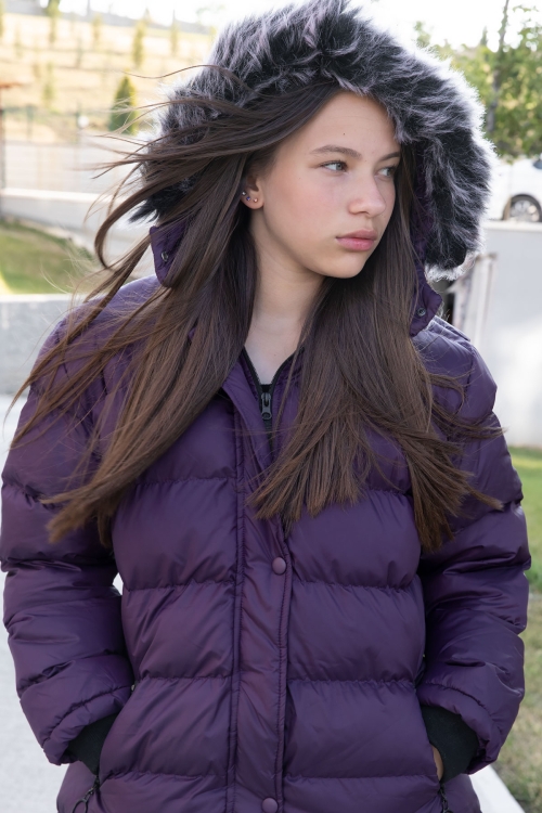 Mor İçi Kürklü Çıtçıtlı Kapüşonlu Kız Çocuk Şişme Mont 21325