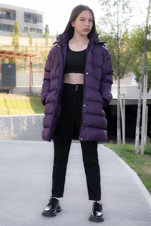 Mor İçi Kürklü Çıtçıtlı Kapüşonlu Kız Çocuk Şişme Mont 21325