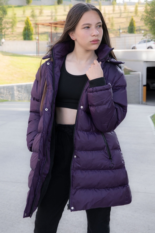 Mor İçi Kürklü Çıtçıtlı Kapüşonlu Kız Çocuk Şişme Mont 21325