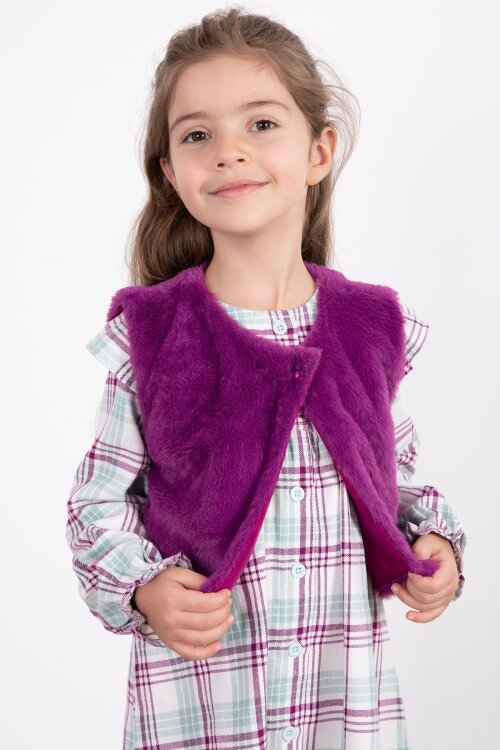 Mor Kız Çocuk Peluş Yelekli Ekose Desenli Elbise 22697