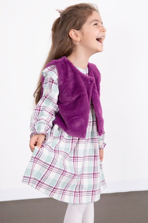 Mor Kız Çocuk Peluş Yelekli Ekose Desenli Elbise 22697