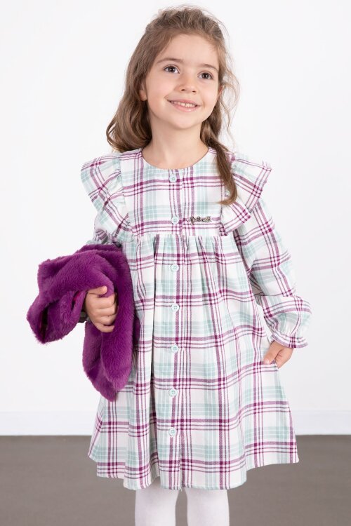 Mor Kız Çocuk Peluş Yelekli Ekose Desenli Elbise 22697