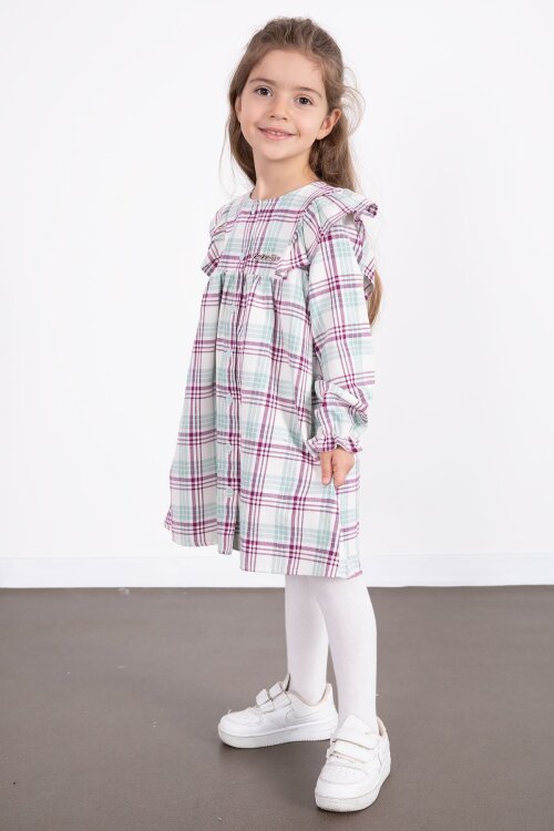 Mor Kız Çocuk Peluş Yelekli Ekose Desenli Elbise 22697