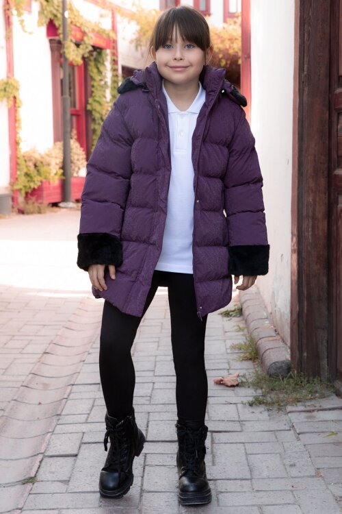 Mor Kolu Kürk Detaylı İçi Yünlü Kız Çocuk Kapüşonlu Şişme Mont 21327