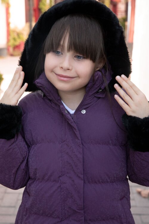 Mor Kolu Kürk Detaylı İçi Yünlü Kız Çocuk Kapüşonlu Şişme Mont 21327