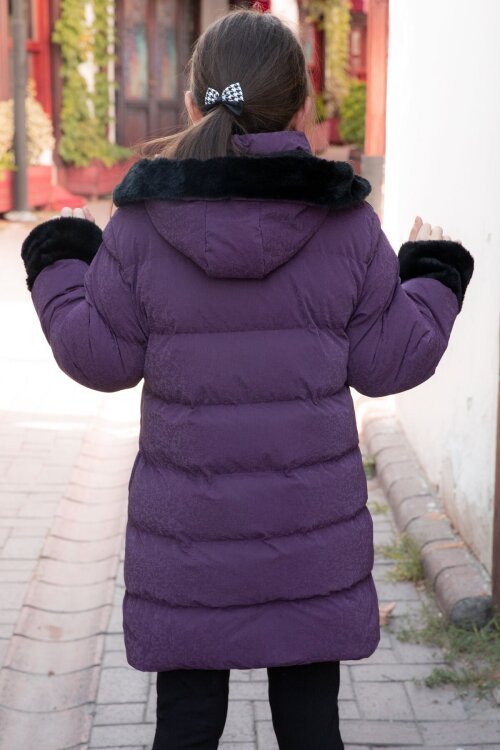 Mor Kolu Kürk Detaylı İçi Yünlü Kız Çocuk Kapüşonlu Şişme Mont 21327