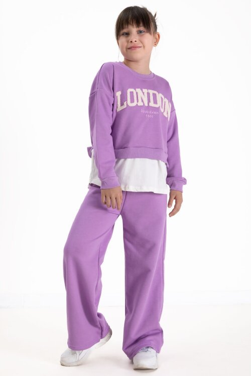 Mor London Yazılı Nakışlı Kız Çocuk Geniş Paça Eşofman Takımı 22725