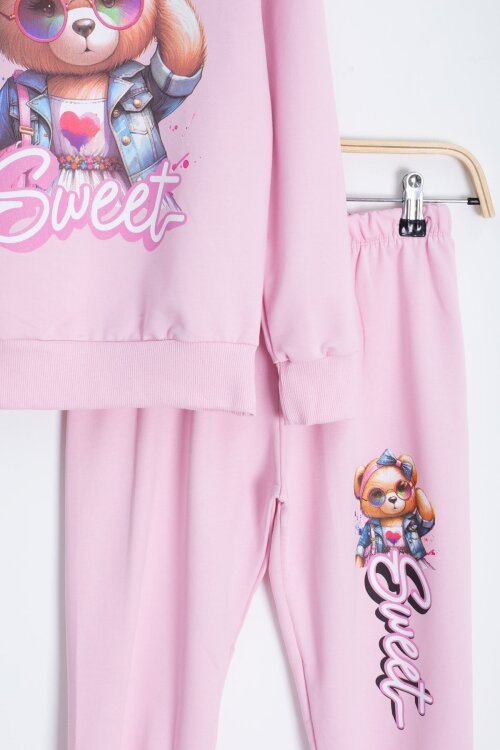 Pembe Ayıcık Baskılı Beli Lastikli Kız Çocuk Eşofman Takımı  22752