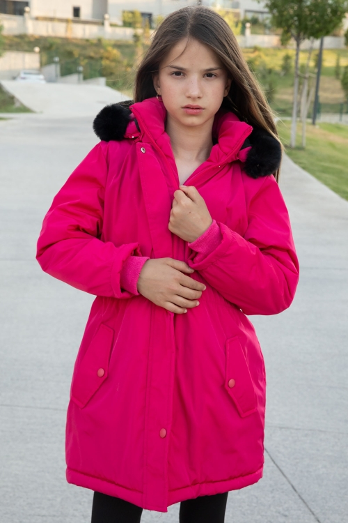 Pembe Çıtçıtlı Cepli Esnek Bel İçi Kürklü Kız Çocuk Kapüşonlu Mont 21307