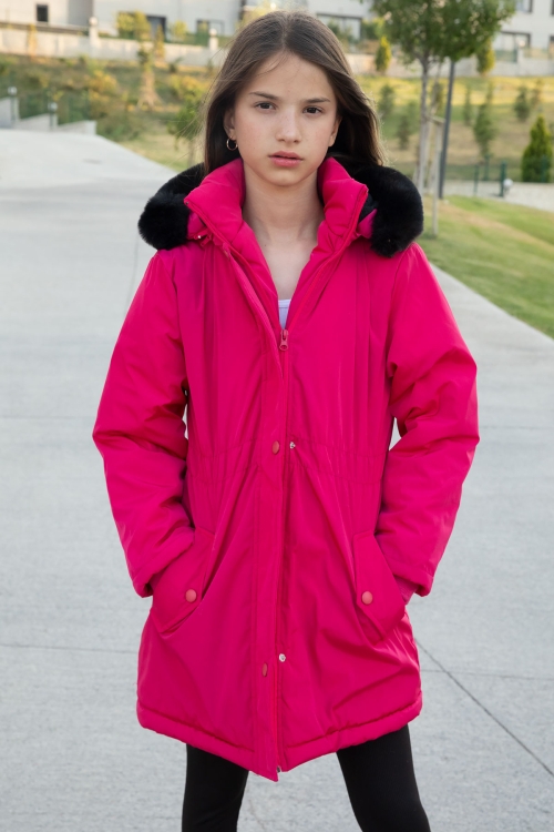 Pembe Çıtçıtlı Cepli Esnek Bel İçi Kürklü Kız Çocuk Kapüşonlu Mont 21307