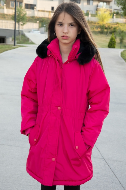 Pembe Çıtçıtlı Cepli Esnek Bel İçi Kürklü Kız Çocuk Kapüşonlu Mont 21307