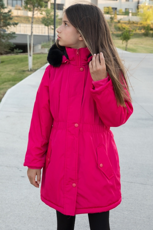 Pembe Çıtçıtlı Cepli Esnek Bel İçi Kürklü Kız Çocuk Kapüşonlu Mont 21307