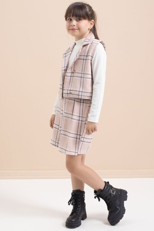 Pembe Ekose Desenli Düğme Detaylı Ceketli Kız Çocuk 2li Takım 21540