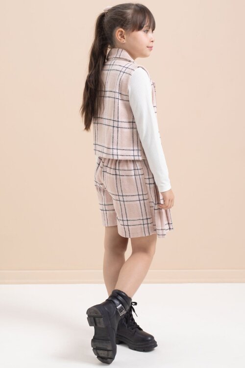 Pembe Ekose Desenli Düğme Detaylı Ceketli Kız Çocuk 2li Takım 21540