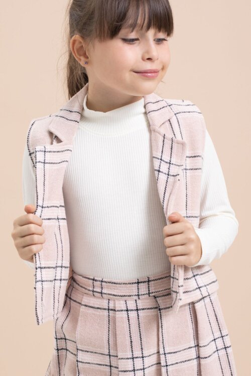 Pembe Ekose Desenli Düğme Detaylı Ceketli Kız Çocuk 2li Takım 21540