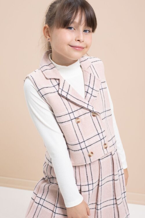 Pembe Ekose Desenli Düğme Detaylı Ceketli Kız Çocuk 2li Takım 21540