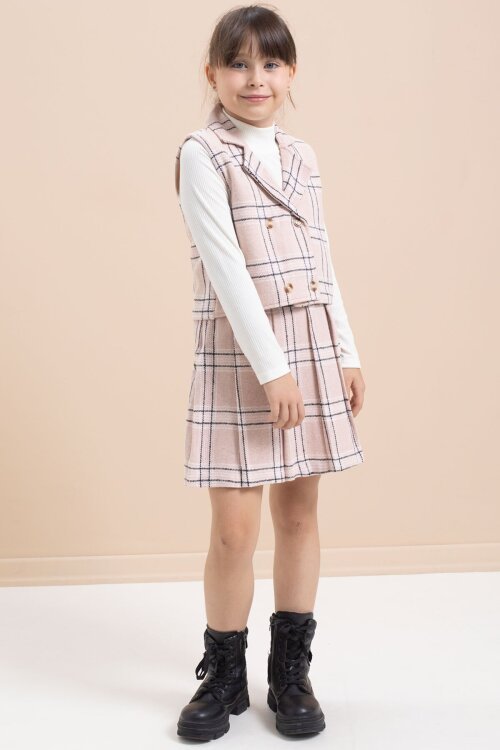 Pembe Ekose Desenli Düğme Detaylı Ceketli Kız Çocuk 2li Takım 21540