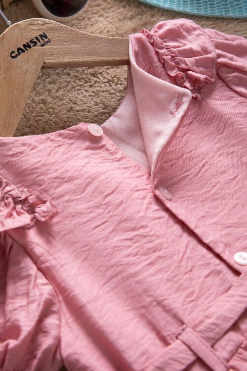 Pembe Fırfır Detaylı Kısa Kol Kız Çocuk Pileli Elbise  22651