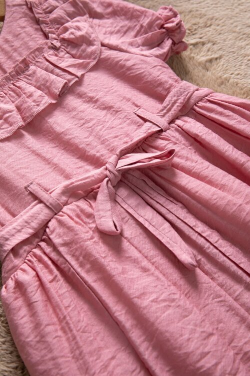 Pembe Fırfır Detaylı Kısa Kol Kız Çocuk Pileli Elbise  22651