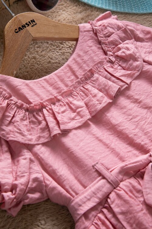 Pembe Fırfır Detaylı Kısa Kol Kız Çocuk Pileli Elbise  22651