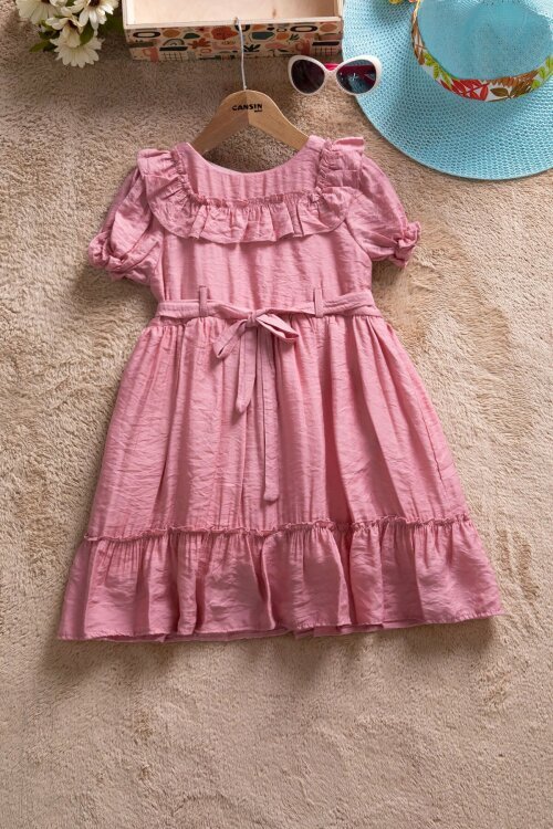 Pembe Fırfır Detaylı Kısa Kol Kız Çocuk Pileli Elbise  22651