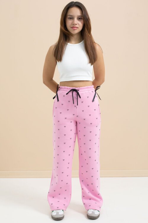 Pembe Fiyonk Baskılı Geniş Paça Kız Çocuk Şardonlu Eşofman Altı 23425