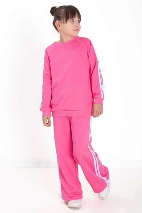 Pembe Fiyonk Detaylı Şeritli Kız Çocuk Bisiklet Yaka Eşofman Takımı 22731