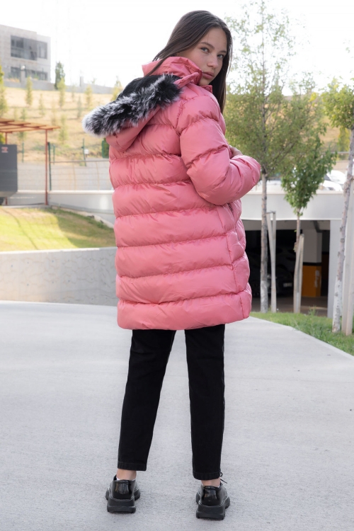 Pembe İçi Kürklü Çıtçıtlı Kapüşonlu Kız Çocuk Şişme Mont 21319