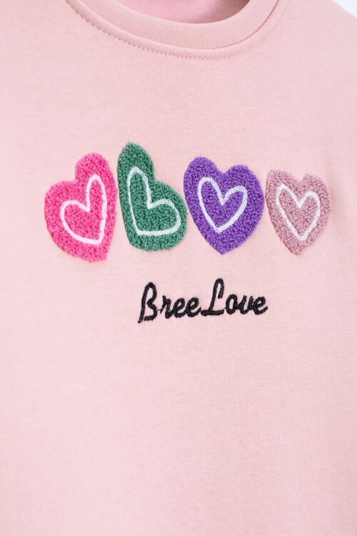 Pembe Kalp Nakışlı Bisiklet Yaka Kız Çocuk Şardonlu Sweatshirt 23251