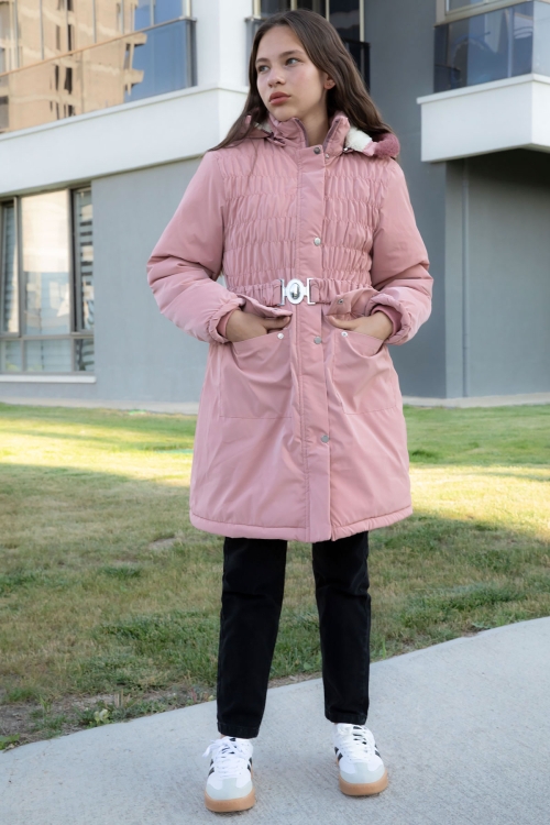 Pembe Kemerli Nubuk Kumaş Kız Çocuk İçi Kürklü Kapüşonlu Şişme Mont 21312