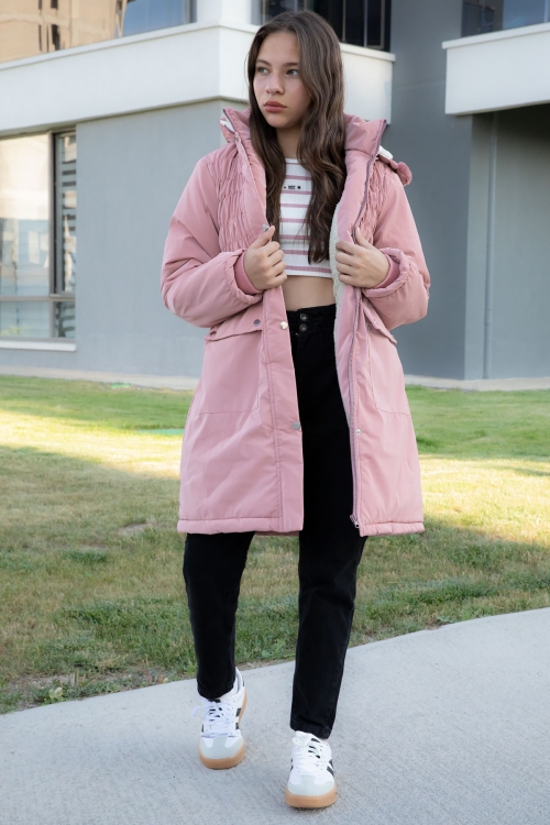 Pembe Kemerli Nubuk Kumaş Kız Çocuk İçi Kürklü Kapüşonlu Şişme Mont 21312